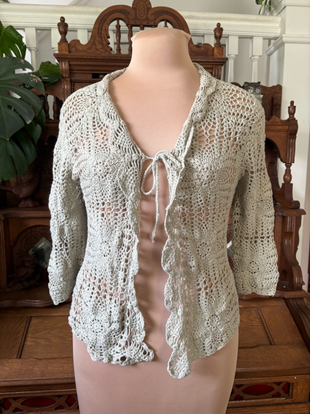 Light Sage Crochet Tie-Front Women's Cardigan Small